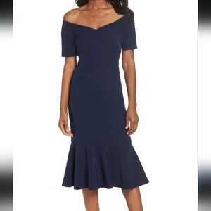 New Maggie London Off-the-Shoulder Navy Flounce-Hem Dress Sz 8p